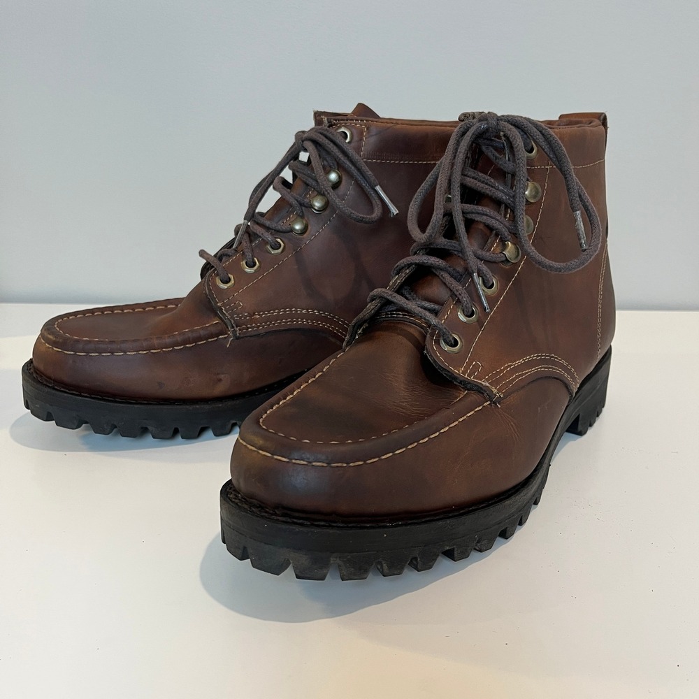 Eddie Bauer Mens Brown Leather Moc Toe Vibram Lug Sole Boots 10.5 M 14287